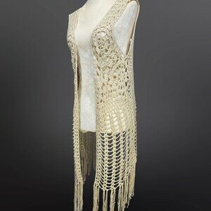 Y2K Long Crochet Duster Cardigan Fringed Vest Size M Boho Festival Fairy